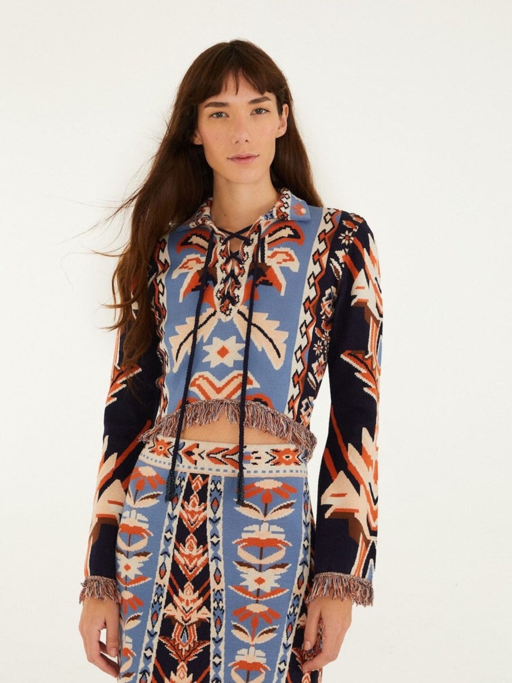 FARM Rio NWT Multicolor Tapestry Fringes Knit Top & Skirt Set, Size M